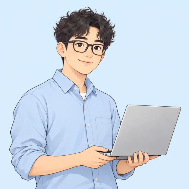 景洋的卡通头像：卷发、黑框眼镜，手持电脑